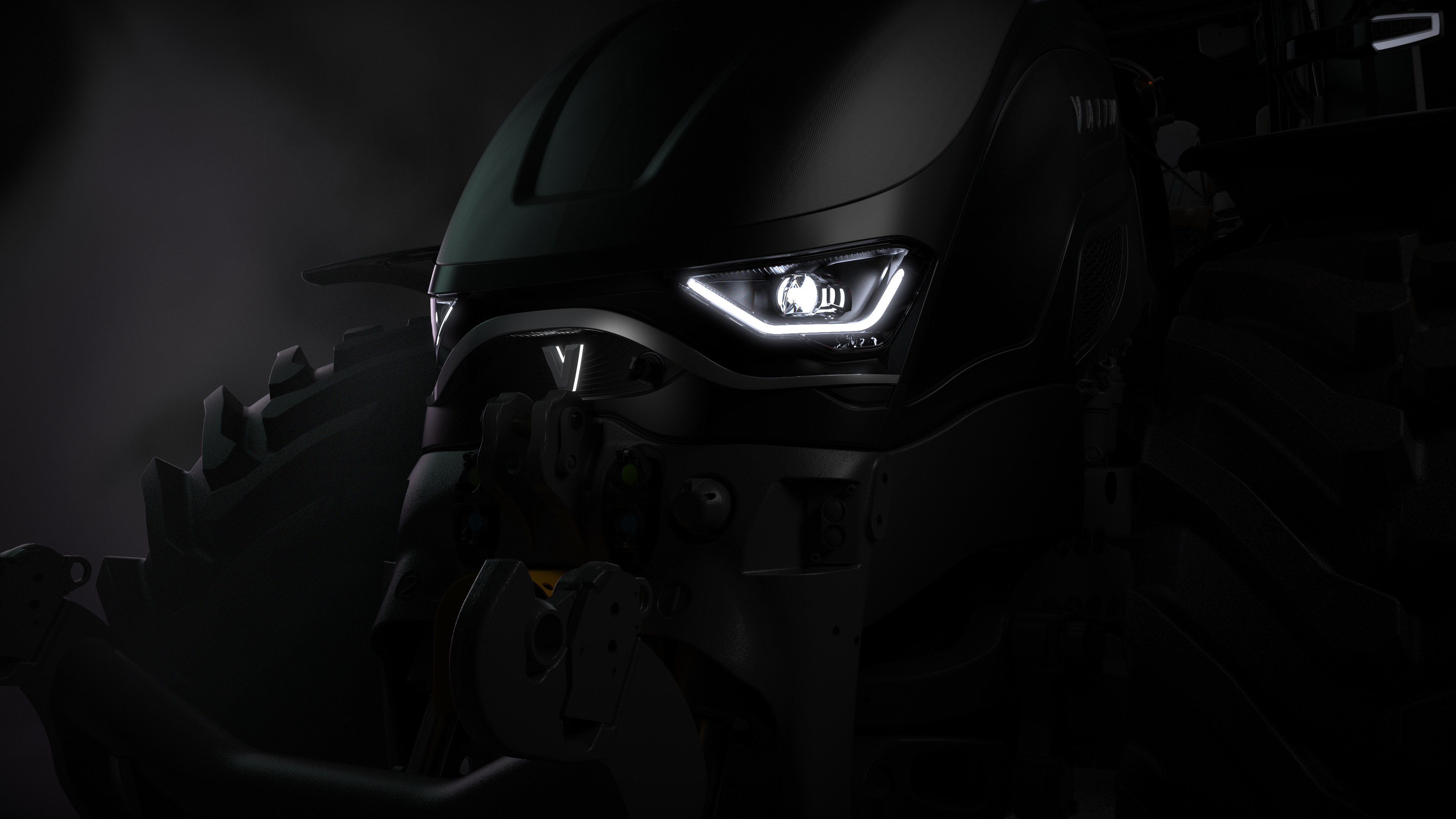 Photorealistic render of a Valtra S Series tractor in a studio lighting setup.